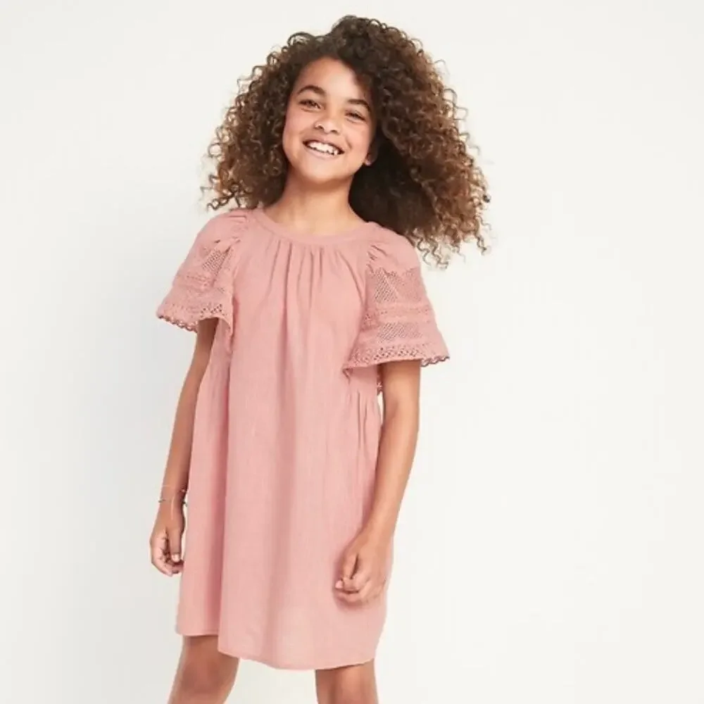 Old Navy Girl's Peach Lace 100% Cotton Natural Fiber Flutter Sleeve Dress NWT